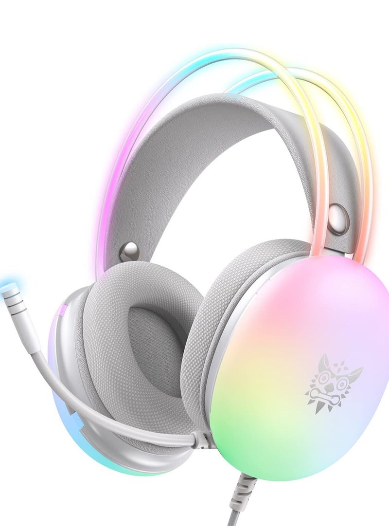 سماعة ألعاب سلكية بميكروفون قوس قزح RGB لأجهزة PS4/PS5/MAC/XBOX/الكمبيوتر المحمول، سماعات رأس صوت خفيفة الوزن 3.5 مم فوق الأذن، صوت محيطي ستيريو، عصابة رأس قابلة للتعديل تلقائيًا - Image 1